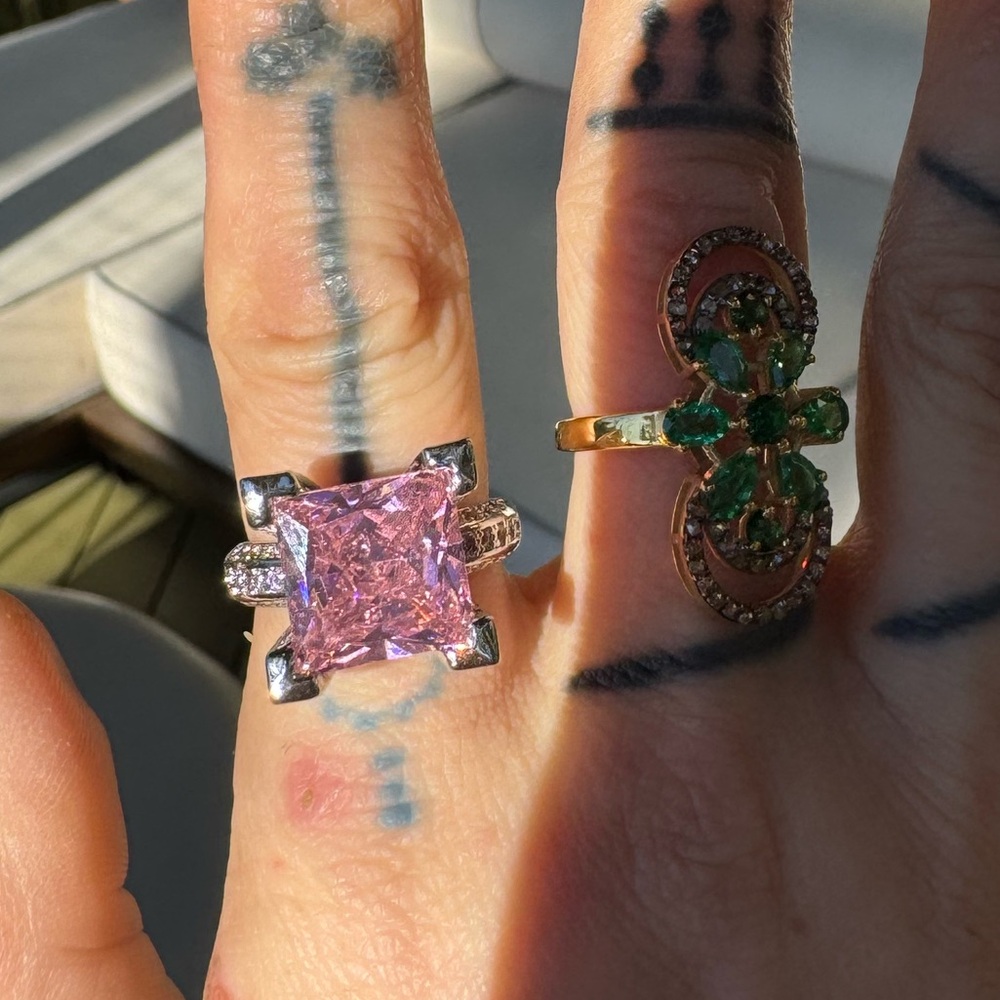 Sterling Silver ring with large square pink gemstone size 7